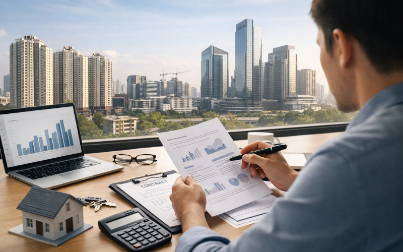 Real estate investment planning with city skyline, property documents, and financial analysis