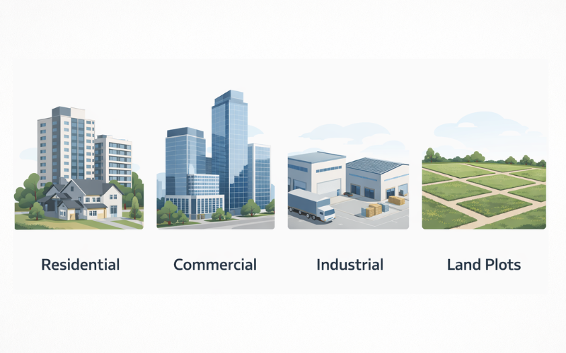 Types of real estate properties including residential, commercial, industrial, and land plots