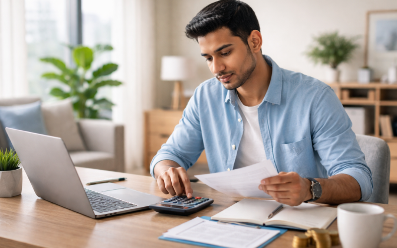 Young professional planning finances and budgeting for buying a home in 2026