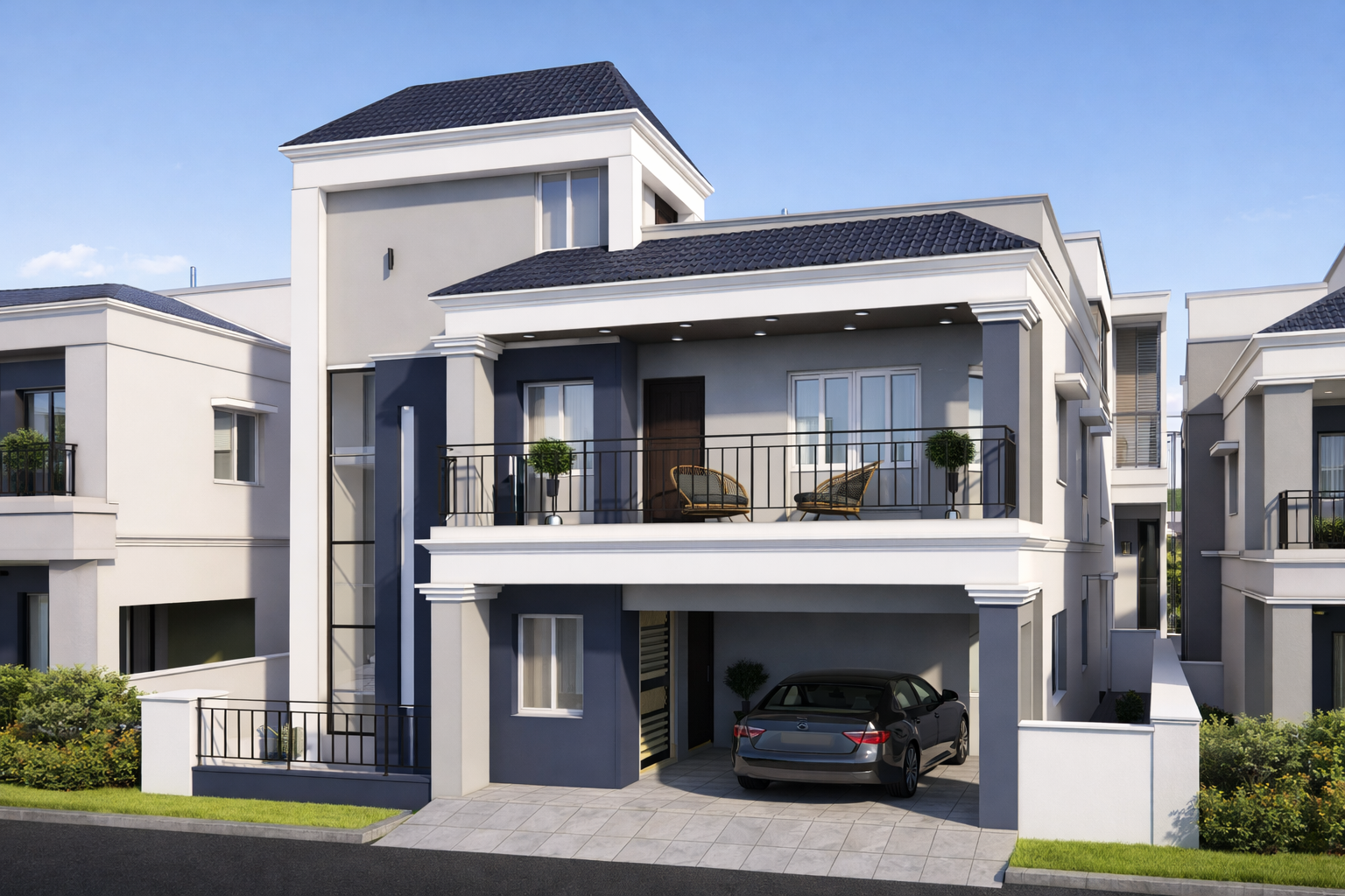 Modern 4BHK duplex home exterior at Ozone Avenue with balcony, parking, and contemporary architecture