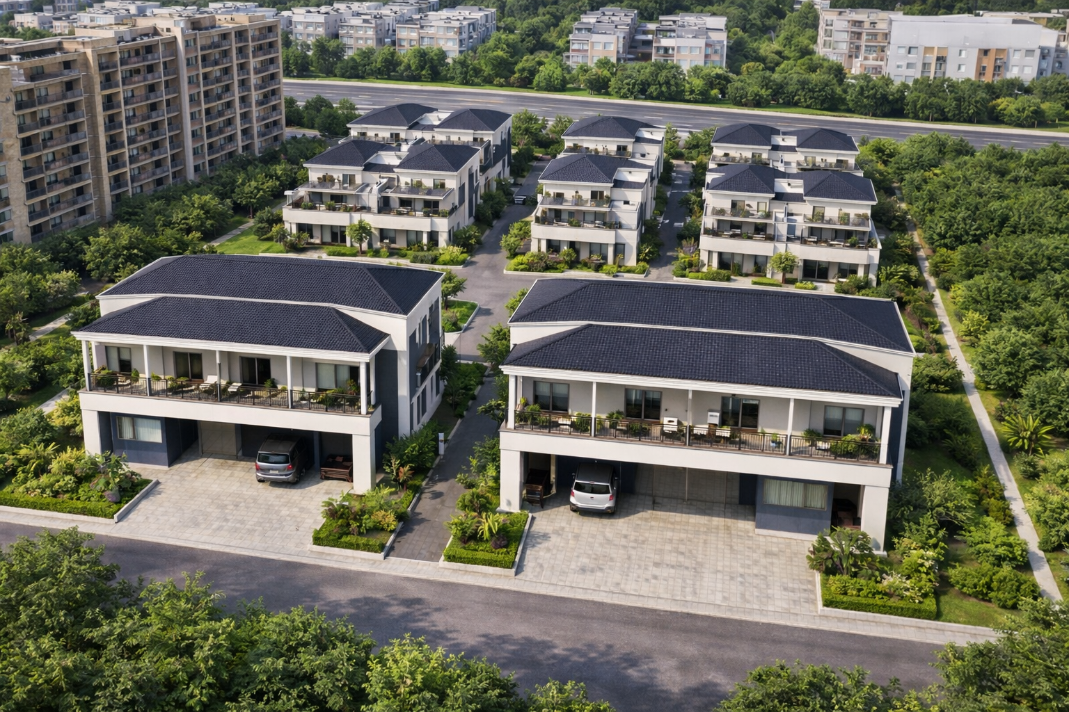 Aerial view of Ozone Avenue by Okkala Groups showing premium duplex homes and planned residential community layout