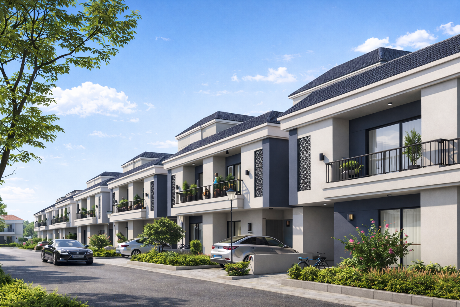 Well-planned residential community at Ozone Avenue with landscaped roads, modern duplex homes, and lifestyle amenities
