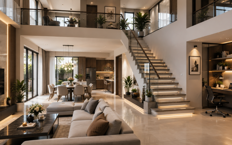 Spacious duplex home interior with staircase, home office setup, natural lighting, and modern family living space