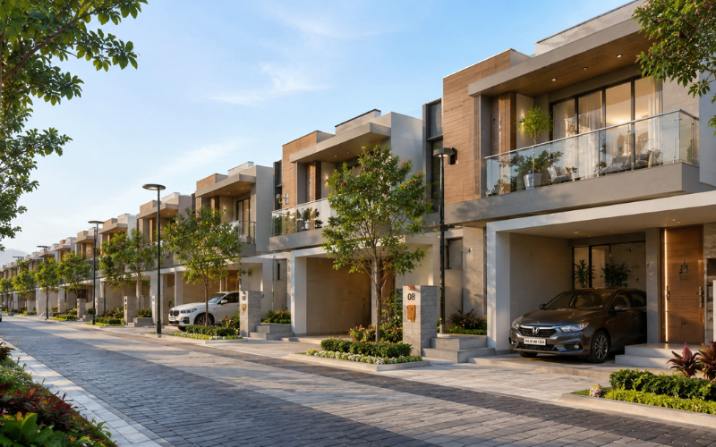 Premium duplex housing community with landscaped roads, modern homes, and peaceful residential environment