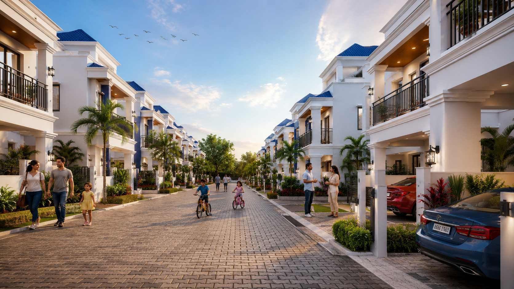 "Family-friendly gated duplex community with landscaped roads and premium homes at Ozone Avenue"