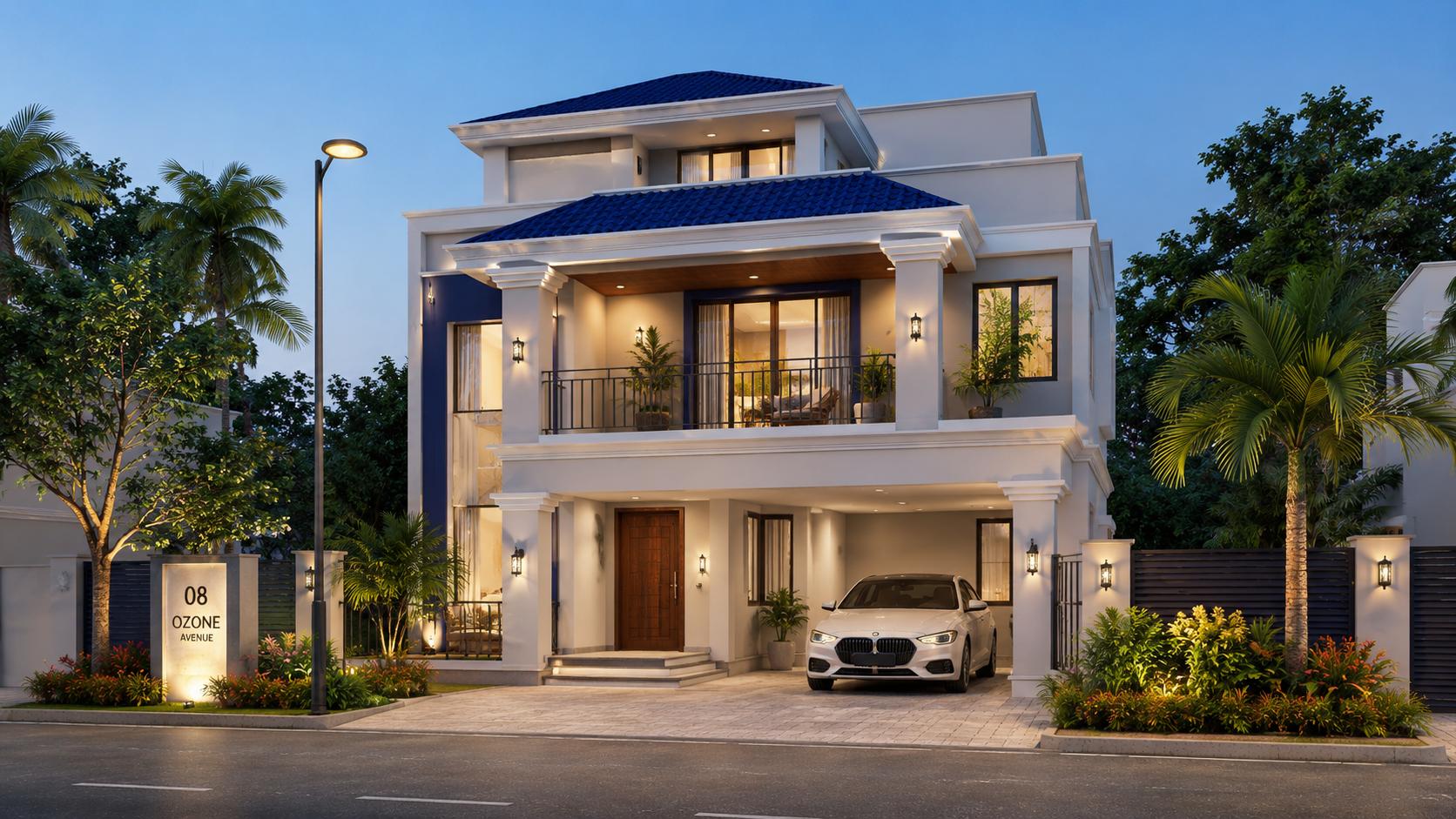 "Modern 3BHK duplex home with balcony, covered parking and contemporary architecture"