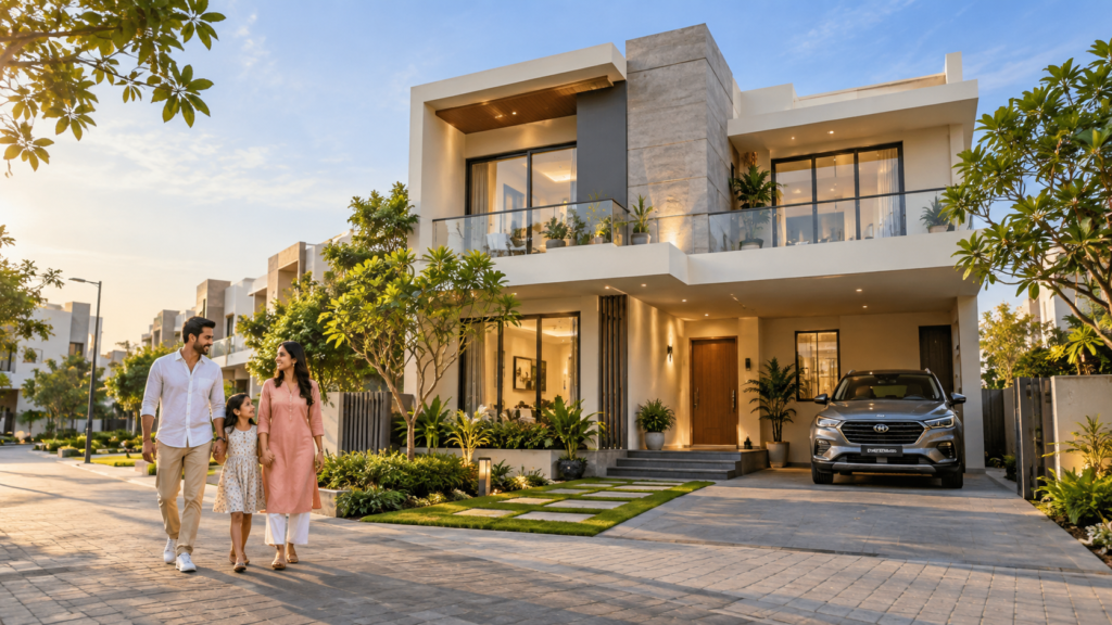 Modern residential community with landscaped surroundings and planned amenities